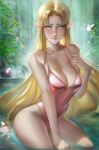  1girl alternate_costume aqua_eyes bangs bare_arms between_legs blonde_hair breasts cleavage collarbone fairy gold_footwear hand_between_legs hand_on_own_chest highres kneeling leaf long_hair looking_at_viewer medium_breasts parted_bangs partially_submerged pink_swimsuit plant pointy_ears princess_zelda ragecndy sidelocks straight_hair super_smash_bros. swimsuit the_legend_of_zelda thick_eyebrows thighs triforce upper_body water waterfall 
