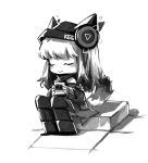  1girl animal_ears arknights beanie chibi closed_eyes clothes_writing ears_through_headwear fox_ears fox_girl fox_tail frostleaf_(arknights) greyscale hat headphones_for_animal_ears highres holding jacket long_hair monochrome pants simple_background sitting solo tail te_gong_fengmi_huangyou_la_regou u_u white_background 
