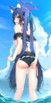  1girl animal_ear_fluff animal_ears ass bangs bare_shoulders bikini black_bikini blue_archive blue_hair blush cat_ears from_behind halo long_hair looking_at_viewer looking_back off_shoulder open_mouth outdoors red_eyes serika_(blue_archive) serika_(swimsuit)_(blue_archive) solo suzuharu_toufu swimsuit thighs twintails water 