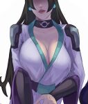 1girl belt black_belt black_hair breasts cleavage earrings grey_robe head_tilt highres jewelry large_breasts long_hair open_mouth robe sage_(valorant) shaded_face solo valorant vile_(vile_jp) white_background 