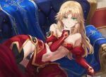  1girl armor bandeau bangs bare_shoulders black_thighhighs blonde_hair breasts commentary_request detached_collar detached_sleeves eyes_visible_through_hair fate/apocrypha fate/grand_order fate_(series) faulds green_eyes highres long_hair looking_at_viewer lying mordred_(fate) mordred_(fate/apocrypha) navel on_side parted_bangs pelvic_curtain revision sidelocks small_breasts smile solo sparkle thighhighs thighs tonee 