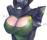  1girl black_hair bodysuit breast_focus breasts cleavage english_commentary green_bodysuit heart highres large_breasts mask mouth_mask short_hair solo valorant vile_(vile_jp) viper_(valorant) white_background 