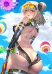 1girl aircraft blue_sky breasts brick_(atelier_brick) cloud day detached_sleeves double_bun eyewear_on_head from_behind from_below girls&#039;_frontline hair_bun hot_air_balloon light_brown_hair medium_breasts outdoors p90_(girls&#039;_frontline) race_queen red_eyes sky smile solo sunglasses thighhighs tinted_eyewear tongue tongue_out yellow-tinted_eyewear 