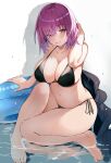  1girl bikini black_bikini breasts cleavage fate/grand_order fate_(series) highres inflatable_toy jacket jacket_removed large_breasts legs_together looking_at_viewer mash_kyrielight mash_kyrielight_(swimsuit_of_perpetual_summer) playing_with_own_hair purple_eyes purple_hair seductive_smile shadow side-tie_bikini smile solo swimsuit thighs togo_(korlsj1235) white_background 