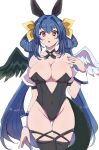  1girl :o angel_wings animal_ears ass_visible_through_thighs asymmetrical_wings bangs bare_shoulders black_leotard black_thighhighs blue_hair breasts chemaru_(a8l) choker clothing_cutout collarbone covered_navel dizzy_(guilty_gear) fake_animal_ears groin guilty_gear hair_ribbon hair_rings highres large_breasts leotard long_hair looking_at_viewer monster_girl open_mouth playboy_bunny rabbit_ears red_eyes ribbon sidelocks simple_background solo tail thigh_gap thighhighs thighs twintails white_background wings wrist_cuffs yellow_ribbon 