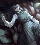  &gt;:) 1girl bangs belt belt_buckle black_hair blood buckle chainsaw_man collared_shirt dress dutch_angle feet_out_of_frame fkskii65 from_above grey_dress hand_up long_hair long_sleeves looking_at_viewer lying mitaka_asa neck_ribbon on_back pinafore_dress red_eyes ribbon ringed_eyes scar scar_on_cheek scar_on_face school_uniform shirt smile smirk solo v-shaped_eyebrows war_devil_(chainsaw_man) white_shirt 