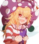  ! !! 1girl american_flag_dress blonde_hair blush clownpiece dress fairy fairy_wings fang hagure_kedama hair_between_eyes hat jester_cap long_hair open_mouth polka_dot polka_dot_headwear purple_headwear red_eyes short_sleeves simple_background skin_fang smile solo star_(symbol) star_print striped striped_dress touhou upper_body white_background wings 