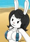  &lt;3 absurd_res anthro beach big_breasts bikini bite biting_lip biting_own_lip black_hair breasts clothing dot_eyes elinor_wonders_why eyebrows female hair hi_res jrtmrx lagomorph leporid looking_at_viewer mammal mature_female nipple_outline nipples outside pink_nose rabbit ranger_rabbit sand seaside self_bite solo standing swimwear water white_body 