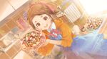  1girl 22/7 22/7_ongaku_no_jikan apron banana blue_apron blueberry bow bowtie braid brown_eyes brown_hair chocolate cowboy_shot dutch_angle food fruit game_cg glint hair_bow hair_ribbon happy_valentine high_ponytail highres holding holding_plate holding_spatula hood hooded_jacket hosoi_mieko jacket jar kitchen kono_miyako light_particles looking_at_viewer official_art open_clothes open_jacket open_mouth orange_jacket pancake pancake_stack plate red_bow red_bowtie ribbon school_uniform shirt smile soap_bottle solo sparkle spatula strawberry striped_towel sunlight takoyaki teeth tray upper_teeth_only utensil_rack whipped_cream white_shirt window 