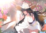  1girl absurdres black_hair black_wings blue_archive blush breasts cleavage closed_mouth cowboy_shot dress halo hat highres large_breasts long_hair looking_at_viewer red_eyes red_halo sleeveless sleeveless_dress solo straw_hat td_(tandeom97) tsurugi_(blue_archive) white_dress wings 