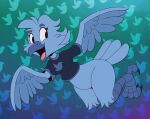  anthro avian beak bird blue_body blue_feathers bottomless breasts clothed clothing feathered_wings feathers female hi_res looking_back megadrivesonic meme open_mouth shirt smile solo tail tail_feathers toony topwear tweetfur twitter wings 