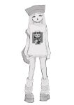  1girl animal_hat arms_at_sides blunt_bangs cat_hat fish full_body greyscale hat highres long_hair long_sleeves looking_at_viewer loose_socks maneki-neko monochrome open_mouth original print_shirt shiona_(siona0625) shirt shoes simple_background sleeves_past_wrists socks solo standing straight_hair white_background 
