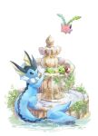  bathing bird black_eyes bright_pupils closed_mouth floating fountain full_body highres hoppip moss natu no_humans pokemon pokemon_(creature) ripples vaporeon volpecorvo water white_background white_pupils yellow_eyes 