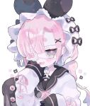  :3 animal_ear_headband apron artist_name black_coat black_collar black_ears black_neckerchief blunt_bangs bonnet bright_pupils coat collar cotono_(nazekun) curtained_hair dot_nose double-parted_bangs eyepatch fang forehead frilled_bonnet frilled_cuffs grey_eyes hair_ornament hair_through_headwear half-closed_eyes hand_on_own_chin hand_up hands_up highres hikimayu lace-trimmed_eyepatch long_sleeves neckerchief open_mouth original pink_hair pink_pupils pink_ribbon pink_trim portrait ribbon ringed_eyes short_hair shorts simple_background skin_fang smile solo stuffed_animal stuffed_rabbit stuffed_toy two_side_up white_apron white_shorts x_hair_ornament 
