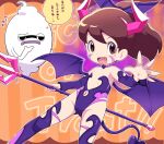 1girl brown_eyes brown_hair demon_horns demon_tail demon_wings english_text fangs frown ghost gloating halloween hand_on_own_chin high_ponytail holding holding_pitchfork horns kodama_fumika long_hair navel nollety open_mouth pitchfork purple_lips tail translation_request trick_or_treat whisper_(youkai_watch) wings youkai_(youkai_watch) youkai_watch 