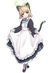  1girl animal_ear_headphones animal_ears apron black_dress black_footwear blonde_hair blue_archive blush cat_tail dress fake_animal_ears frilled_apron frilled_dress frills full_body green_eyes green_halo halo headphones long_sleeves looking_at_viewer maid maid_apron maid_headdress meluwow midori_(blue_archive) midori_(maid)_(blue_archive) official_alternate_costume open_mouth pantyhose shoes short_hair simple_background smile solo tail white_apron white_background white_pantyhose 