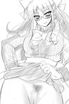  blush breasts copyright_request glasses greyscale large_breasts long_hair monochrome no_panties pubic_hair skirt skirt_lift smile solo utamaro 