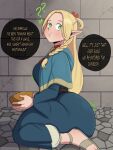 big_butt blonde_hair blue_clothing blue_dress blush blush_lines bottomwear bowl braided_hair breasts butt clothing container delicious_in_dungeon dialogue dress eating eating_food elf female footwear green_eyes hair hi_res holding_bowl holding_container holding_object huge_butt humanoid humanoid_pointy_ears kneeling long_hair marcille_donato pants question_mark sandals side_view solo speech_bubble tan_body tan_skin text thick_thighs white_bottomwear white_clothing white_pants wide_hips yamathegod