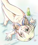  barefoot blonde_hair blush bottle bottomless breasts drink feet from_above looking_up medium_breasts merri mizuhashi_parsee open_clothes open_shirt pussy shirt short_hair solo touhou wakamezake 