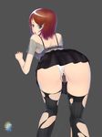  akai_yami anus asou_misaki ass bent_over blue_eyes bra brown_hair censored fatal_frame fatal_frame_4 highres lingerie looking_back mole mole_under_eye panties panty_pull pussy see-through short_hair simple_background skirt solo thighhighs torn_clothes torn_legwear underwear white_panties 