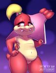  anthro blonde_hair blush blush_lines drum_skunk eyelashes fangs featureless_chest featureless_crotch female flat_chested hair hand_on_hip holding_shuriken koopa mario_bros navel nintendo overweight overweight_female pink_body pink_eyes pink_scales pom_pom_(mario) ponytail purple_background ranged_weapon scales scalie shell shuriken simple_background smile solo tan_body tan_scales teeth thick_thighs weapon wide_hips 