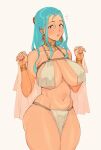  1girl aqua_hair blush bracelet breast_curtains breasts choker collarbone commentary earrings english_commentary grey_background hair_between_eyes highres jewelry large_breasts long_hair looking_at_viewer lushhhh navel nefertari_vivi one_piece pelvic_curtain simple_background solo standing stomach thick_thighs thighs yellow_bracelet yellow_choker 