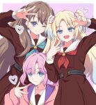  3girls :d ;) anyoji_hime aqua_neckerchief blonde_hair blue_eyes blue_hair blunt_bangs border brown_dress brown_hair closed_mouth commentary_request dress fang flower fujishima_megumi gradient_hair hair_flower hair_ornament hasu_no_sora_school_uniform heart highres hood hooded_jacket jacket light_blue_hair link!_like!_love_live! long_hair long_sleeves love_live! mira-cra_park! multi-tied_hair multicolored_hair multiple_girls neckerchief one_eye_closed open_clothes open_jacket open_mouth osawa_rurino outside_border parted_bangs pink_background pink_flower pink_hair pink_jacket pleated_dress ponytail purple_eyes red_neckerchief sailor_collar sailor_dress school_uniform sidelocks smile swept_bangs twintails two_side_up v virtual_youtuber w white_border white_sailor_collar winter_uniform yamanju yellow_neckerchief 