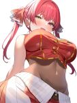  1girl aa44 absurdres blush breasts cropped_jacket from_below hair_ribbon heterochromia highres hololive houshou_marine houshou_marine_(1st_costume) large_breasts leotard leotard_under_clothes looking_at_viewer looking_down open_mouth red_eyes red_hair red_ribbon ribbon see-through see-through_leotard skirt sleeveless sleeveless_jacket solo twintails white_background yellow_eyes 