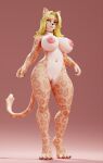  2022 3d_(artwork) anthro ariel_(saurora) black_nails black_nose blonde_hair breasts collar colored_nails connivingrat curvy_anthro curvy_female curvy_figure digital_media_(artwork) felid female genitals hair hi_res leopard looking_at_viewer mammal nails navel pantherine pawpads pussy simple_eyes slim smile smiling_at_viewer solo spots tail tail_tuft tuft valorlynz wide_hips yellow_eyes 