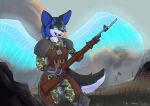  absurd_res anthro armor canid canine canis fallen_and_cursed female glowing glowing_eyes glowing_parts gun hi_res luna_windhowl magic_user mammal ranged_weapon solo thelonearch weapon wolf 