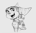  2024 anthro clank_(ratchet_and_clank) clothed clothing duo eyebrows fangs fur headgear headwear lombax machine male mammal monochrome open_mouth open_smile ratchet_(ratchet_and_clank) ratchet_and_clank robot shira-hedgie sketch smile sony_corporation sony_interactive_entertainment striped_body striped_fur stripes teeth 