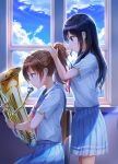  2girls adjusting_hair backlighting bangs black_hair blue_sailor_collar blue_skirt blue_sky brown_hair chair cloud cloudy_sky commentary_request day from_side hair_tie_in_mouth hibike!_euphonium highres holding holding_instrument indoors instrument kousaka_reina long_hair lunacle mouth_hold multiple_girls neckerchief oumae_kumiko pleated_skirt ponytail profile red_neckwear revision sailor_collar school_uniform serafuku shirt short_sleeves sidelocks sitting skirt sky standing tuba watch white_shirt window wristwatch 
