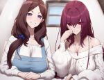  2girls apron bare_shoulders blue_apron blue_eyes breasts brown_hair cleavage closed_mouth collarbone elbow_rest fate/grand_order fate_(series) grin hair_over_shoulder highres jewelry large_breasts leonardo_da_vinci_(fate) looking_at_viewer multiple_girls off-shoulder_sweater off_shoulder pendant purple_hair red_eyes scathach_(fate) scrunchie shiroshisu smile sweater upper_body 