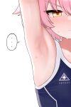  ... 1girl absurdres armpits bare_arms bare_shoulders black_leotard blue_archive blush closed_mouth collarbone flat_chest hair_between_eyes highres hoshino_(blue_archive) hoshino_(young)_(blue_archive) leotard pink_hair saho_4545 short_hair simple_background solo spoken_ellipsis sweat upper_body white_background yellow_eyes 