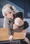  1girl absurdres anger_vein azur_lane black_sailor_collar black_serafuku black_skirt blush bra breast_hold breast_lift breasts classroom closed_mouth clothed_masturbation clothes_lift crotch_rub deep_skin desk female_masturbation formidable_(azur_lane) formidable_(the_lover&#039;s_heart_flutters_on_duty)_(azur_lane) grabbing_own_breast grey_hair hair_ribbon highres indoors large_breasts long_hair looking_at_viewer masturbation masturbation_through_clothes mole mole_on_breast official_alternate_costume on_desk public_indecency public_masturbation red_eyes ribbon rodriguez_(kamwing) sailor_collar school_desk school_uniform serafuku shirt_lift skirt solo spread_legs table table_humping thighhighs twintails two-sided_ribbon two-tone_ribbon underwear very_long_hair white_bra white_thighhighs 
