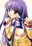  1girl blush bra breasts censored clannad cum cum_on_hair facial framed_breasts fujibayashi_kyou handjob hetero highres large_breasts lingerie long_hair miyasu_risa nipples open_clothes open_shirt penis pointless_censoring polka_dot polka_dot_bra purple_hair shirt solo_focus underwear veins veiny_penis 