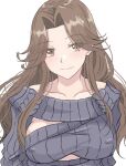  1girl alternate_costume blue_sweater breasts brown_eyes brown_hair collarbone hair_intakes highres jintsuu_(kancolle) kantai_collection ken_(shutenndouji1) large_breasts long_hair off-shoulder_sweater off_shoulder simple_background smile solo sweater upper_body white_background 