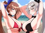  2girls armpits arms_behind_head arms_up bare_shoulders beach bikini black_bikini blue_eyes blue_ribbon blurry blurry_background blush bow bowtie breasts brown_hair cleavage collarbone fal_(fal&#039;s_summer)_(girls&#039;_frontline) fal_(girls&#039;_frontline) five-seven_(cruise_queen)_(girls&#039;_frontline) five-seven_(girls&#039;_frontline) girls&#039;_frontline hair_ornament hair_ribbon large_breasts long_hair looking_at_another multiple_girls official_alternate_costume ponytail presenting_armpit red_bikini ribbon smile sukoyugiri swimsuit tongue tongue_out upper_body very_long_hair white_hair 