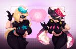  2girls black_pants blonde_hair breasts callie_(splatoon) cleavage crop_top earrings food food_on_head gloves hair_over_one_eye head-mounted_display jewelry large_breasts little123blood long_hair mario_(series) multiple_girls object_on_head pants rosalina smile splatoon_(series) splatoon_3 sushi tagme tentacle_hair 