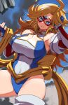  1girl ahoge american_flag american_flag_print bare_shoulders blonde_hair blue_eyes breasts cleavage cleavage_cutout clothing_cutout covered_navel cowboy_shot curvy elbow_gloves eye_mask fingerless_gloves flag_print fujioka_yatsufusa gloves grin highres huge_breasts kamen_america kamen_america_(comic) leotard long_hair looking_at_viewer sash smile solo star_cutout superhero_costume yellow_sash 