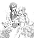  1boy 1girl athrun_zala blush breasts cagalli_yula_athha cleavage collarbone collared_shirt couple dancing detached_sleeves dress floral_background flower formal frilled_sleeves frills greyscale gundam gundam_seed gundam_seed_destiny hair_between_eyes hair_flower hair_ornament hetero holding_hands jacket long_dress looking_at_another medium_breasts monochrome necktie open_mouth pants parted_bangs ponytail shirt short_hair smile tuxedo upper_body waistcoat white_background white_jacket white_pants white_shirt yumoto_o 