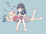  2girls barefoot beamed_eighth_notes black_hair blonde_hair blue_background blue_dress blush_stickers closed_eyes commentary dress eighth_note electric_fan full_body hashtag-only_commentary highres holding inoue_takina long_hair lycoris_recoil lycoris_uniform lying lying_on_lap lying_on_person medium_hair multiple_girls musical_note nishikigi_chisato on_stomach open_mouth purple_eyes red_dress simple_background sitting uud45gaotrcvkfg 
