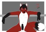  anthro arms_bent balls belly black_hair black_nose black_penis black_tipped_ears canid canine cheek_tuft chest_tuft erection facial_markings facial_tuft fluffy fluffy_tail fox fox_ninja fur genitals hair head_markings heterochromia hi_res inner_ear_fluff looking_at_viewer male mammal markings multicolored_body multicolored_fur neon_lion penis pose red_body red_fur shaded short_hair simple_background simple_coloring simple_shading sitting slim slim_anthro slim_male solo spread_legs spreading tail tuft white_balls white_belly 