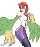  1girl animal_hands bare_shoulders black_slingshot_swimsuit breasts brown_hair duel_monster feathered_wings feathers from_side green_eyes green_feathers green_wings harpie_lady_2 large_breasts medium_hair pantyhose pointy_ears profile purple_pantyhose simple_background solo talons ukimukai white_background winged_arms wings yu-gi-oh! 