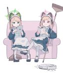  2girls animal_ear_headphones animal_ears apron black_footwear blue_archive book broom cat_ear_headphones couch fake_animal_ears green_eyes green_halo halo headphones highres holding holding_book maid_apron midori_(blue_archive) midori_(maid)_(blue_archive) mizu_asato momoi_(blue_archive) momoi_(maid)_(blue_archive) multiple_girls official_alternate_costume on_couch pink_halo red_eyes shoes siblings sisters sitting twins 