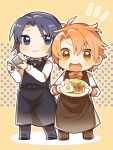  2boys apron black_apron black_bow black_bowtie black_hair blue_eyes bow bowtie brown_bow brown_bowtie brown_eyes brown_footwear brown_hair chibi chibi_only egg full_body holding holding_notepad holding_pen holding_plate idolish7 izumi_iori izumi_mitsuki male_focus moka-momaka multiple_boys no_nose notepad open_mouth outline pen plate white_outline 