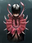  1boy black_background black_eyes black_hair body_horror commentary_request cropped_torso gradient_background highres horror_(theme) looking_at_viewer male_focus metamon1996 monster_boy open_mouth original saliva saliva_drip sharp_teeth short_hair solo teeth tentacles upper_body 