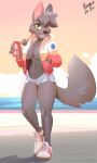  2024 5_fingers absurd_res anthro artist_name beach beverage beverage_can big_breasts bottomwear breasts canid canine canis clothing cloud cola cutoffs denim denim_bottomwear denim_clothing female fingers footwear fur grey_body grey_fur grey_hair hair hand_in_pocket hi_res hinget holding_beverage holding_object jacket mammal navel outside pockets sand shoes short_hair shorts sky sneakers soda solo standing topwear torn_clothing water wolf 