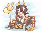  1boy animal_balloon animalization arknights balloon bench black_hair blue_background checkered_background chibi chinese_commentary chong_yue_(alighting)_(arknights) chong_yue_(arknights) choshanland_plushy_(arknights) commentary_request cup doctor_(arknights) dragon_boy dragon_bubble_(arknights) dragon_horns dragon_tail fang full_body hand_up holding holding_cup horns jacket juhao0101 long_hair long_sleeves looking_at_viewer low_ponytail male_focus multicolored_hair open_mouth outdoors pants pointy_ears rabbit rabbit_balloon red_eyes sitting skin_fang solo streaked_hair tail white_hair white_jacket 
