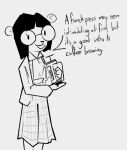 anthro bear beverage black_hair bottomwear caroline_(gglloooopp) clothed clothing coffee dialogue english_text eyewear female french_press gglloooopp glasses hair looking_at_viewer mammal monochrome round_glasses skirt solo talking_to_viewer text